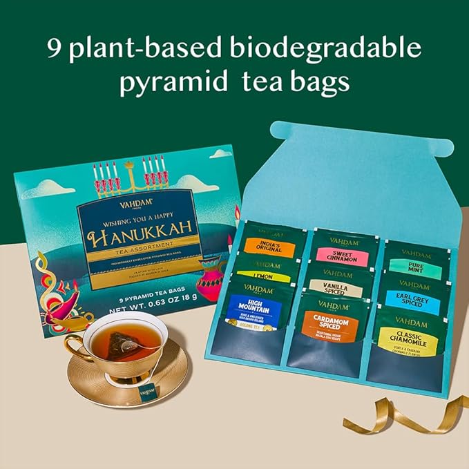 VAHDAM, Limited Edition - Hanukkah Tea Gift Basket | 9 Delicious Variety Pyramid Tea Bags | Perfect