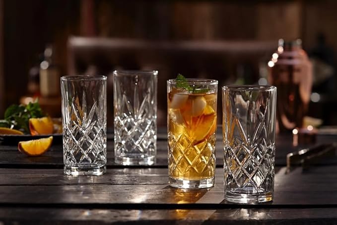 Royalty Art Kinsley Tall Highball Glasses Set of 4, 12 Ounce Cups, Textured Designer Glassware for