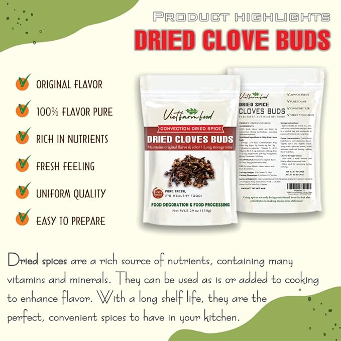 DRIED CLOVE BUDS 5.29 Oz (150g) VIETFARMFOOD: Natural pure, convection dried seasoning made from