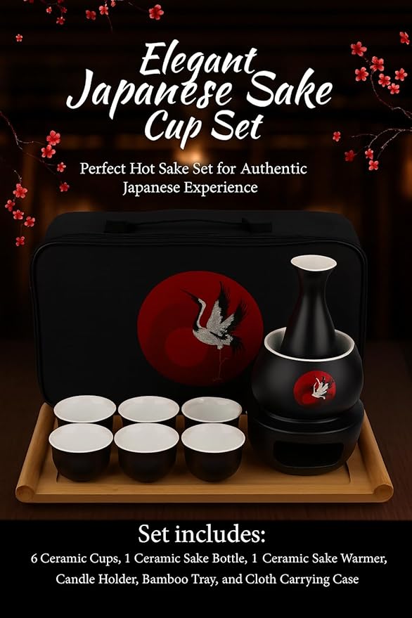 Japanese Sake Cup Set with 6 Ceramic Cups, 1 Ceramic Sake Bottle, 1 Ceramic Sake Warmer, Bamboo