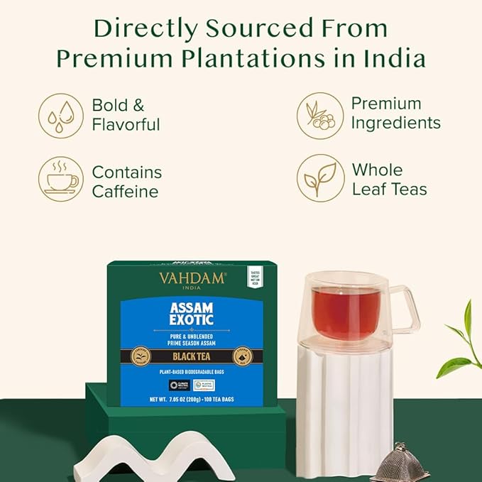 VAHDAM, Assam Exotic Black Tea Bags (100 Count) High Caffeine, Gluten Free, Full Bodied | Pyramid
