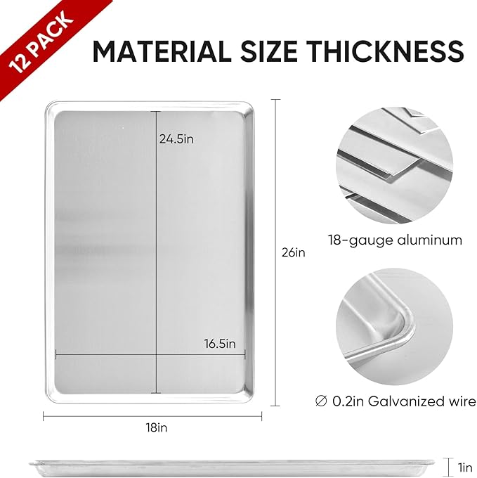 TENUP 12 Pack Aluminum Full Sheet Pan, 26" x 18" Heavy Duty Commercial Baking Tray Reinforced Rim