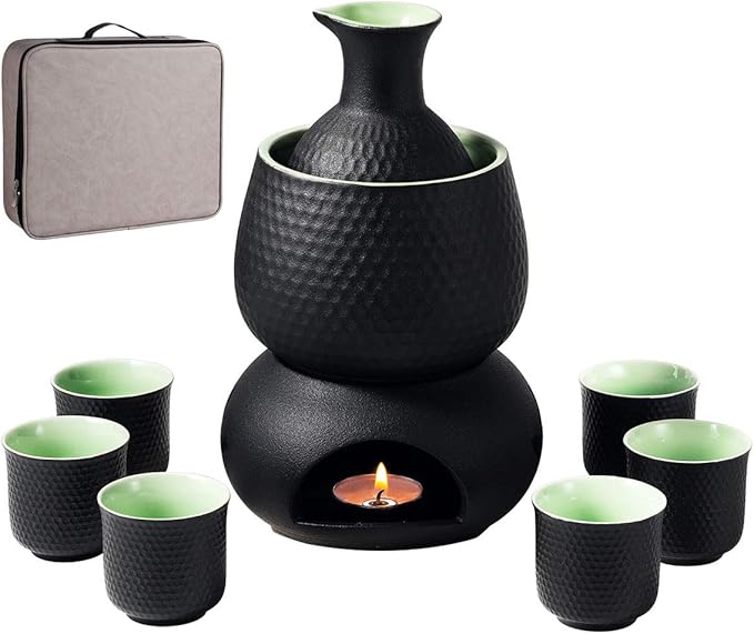 Ceramic Sake Set Cups with Warmer Keep Sake Storage Box, Traditional Porcelain Pottery Hot Saki