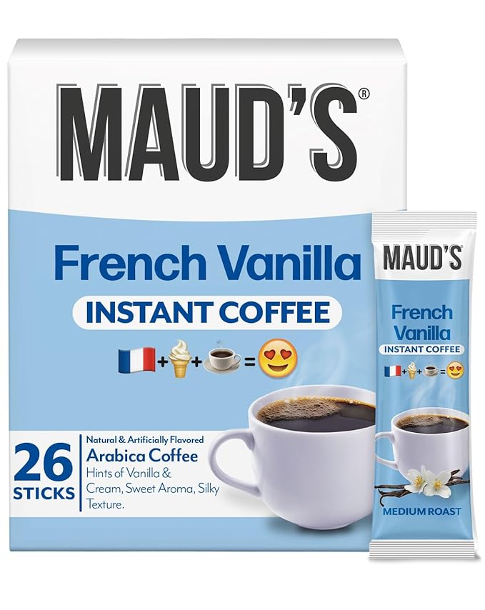 Maud's French Vanilla Instant Coffee, 26 ct, 100% Arabica Coffee, Medium Roast, Instant Hot or Iced