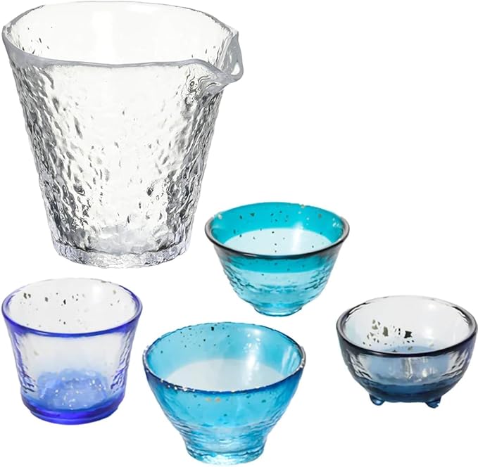 ADERIA Tsugaru Vidro Sake Glasses and Glass Sake Carafe Set [4 Shades of Tsugaru Blue]: 1 Sake