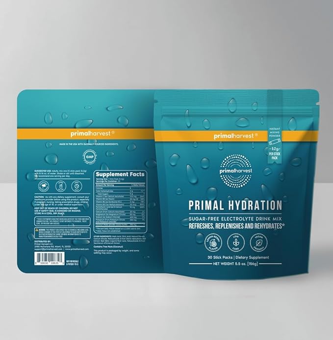 Primal Harvest Electrolytes Powder Packets Primal Hydration, Easy Open Packets, Energy Drink Mix