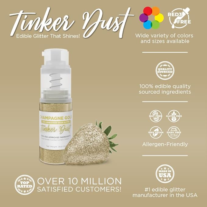 Bakell - Champagne Gold Tinker Dust Edible GLitter (4g, 1x Mini Spray Pump) for Food, Desserts, and