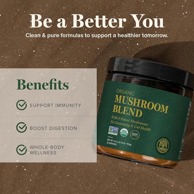 Global Healing Organic Mushroom Powder Supplement Blend 9.5 Ounces - Cordyceps, Chaga, Reishi