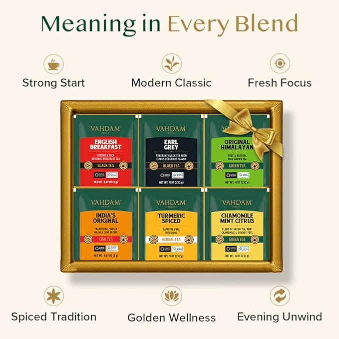 VAHDAM, Assorted Tea Gift Set (6 Varieties, 36 Tea Bags) - Variety Pack - Black, Green, Chai and