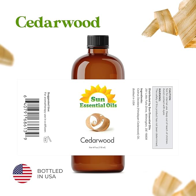 Sun Essential Oils - Cedarwood 4oz Bottle for Humidifier, Diffuser, Soaps, Candles, Hair and Skin