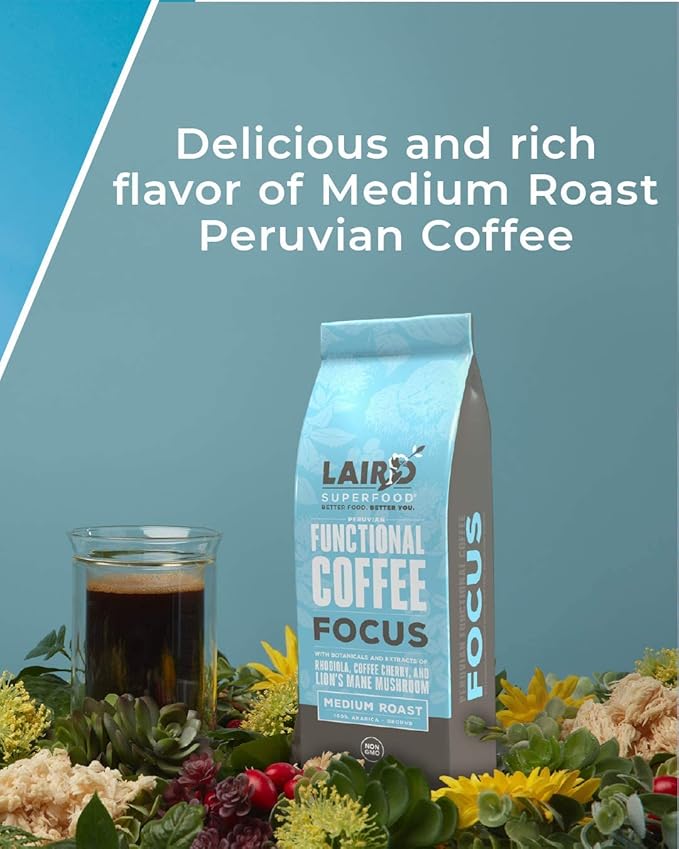 Laird Superfood Focus Coffee, Medium Roast Ground Coffee Infused with Functional Mushrooms and