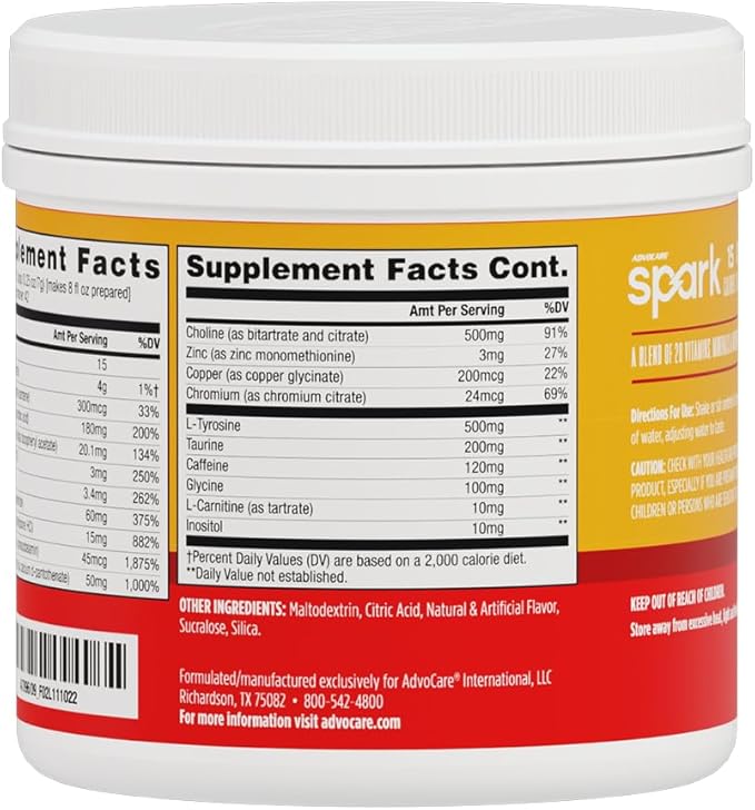 AdvoCare Spark Vitamin & Amino Acid Supplement - Focus & Energy Drink Powder Mix with Vitamin A
