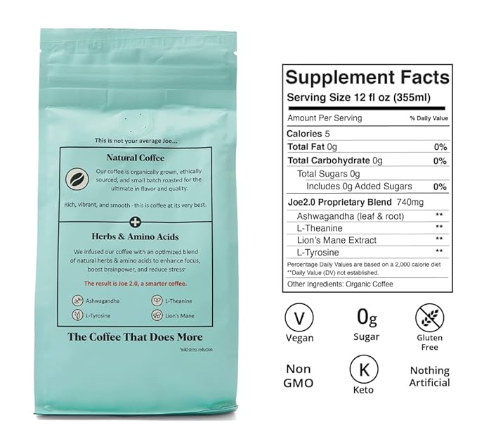 Joe 2.0 - Mushroom Coffee with Lion?™s Mane & Ashwagandha ??Nootropic Ground Coffee for Focus, Calm