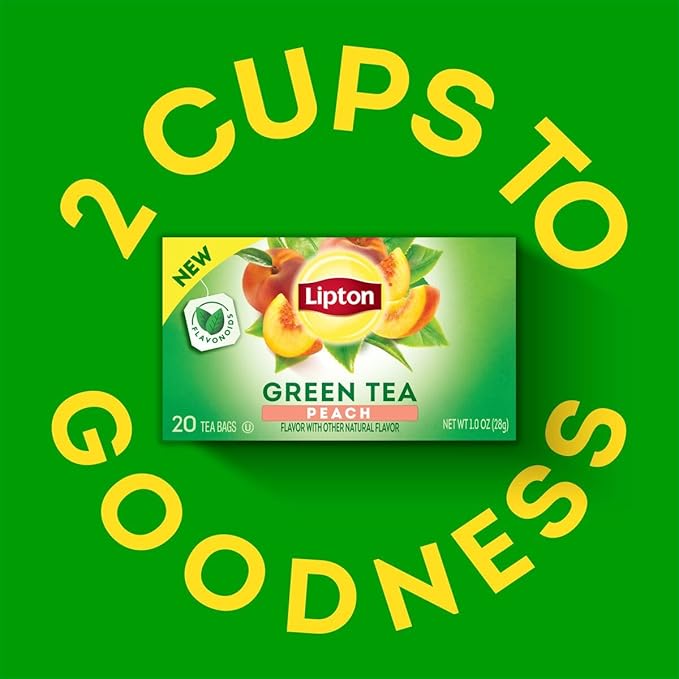 Lipton Peach Green Tea Bags, Flavored, Unsweetened Teabags for Hot Tea or Peach Iced Tea with