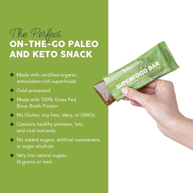 Paleovalley Superfood Bars – Apple Cinnamon– 12 Pack – 9g Protein per Bar – Gluten-Free