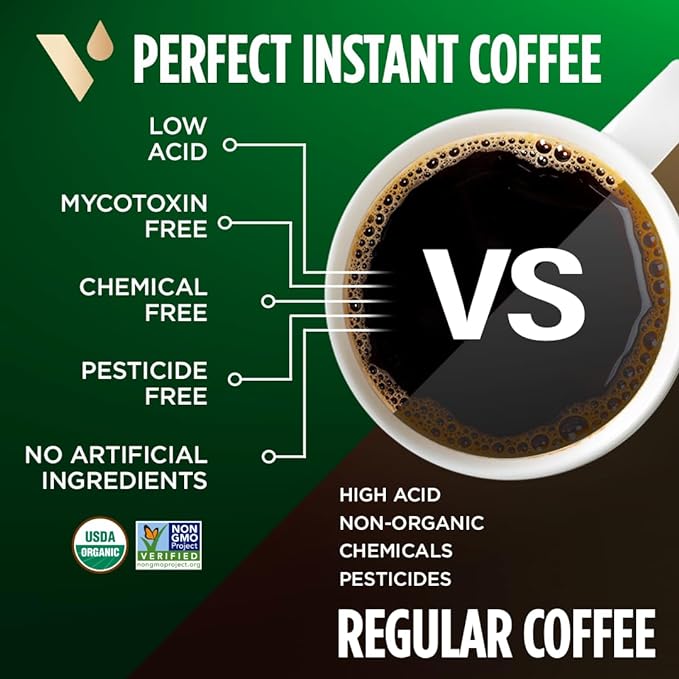 VitaCup Perfect Low Acid Instant Coffee Packets, Dark Roast Coffee, USDA Organic & Fair Trade