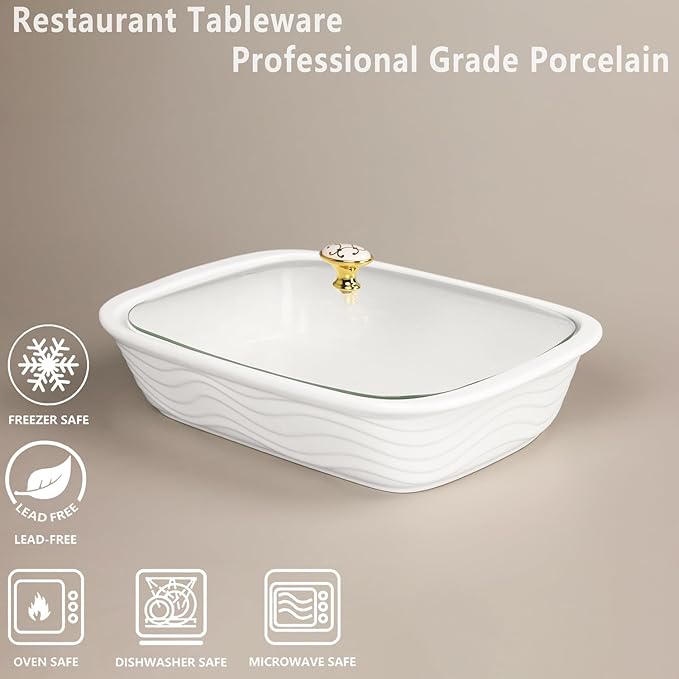 12" x 8" Ceramic Casserole Baking Dish With Glass cover, Lasagna Pan Deep for Oven, 2.2 Quarts