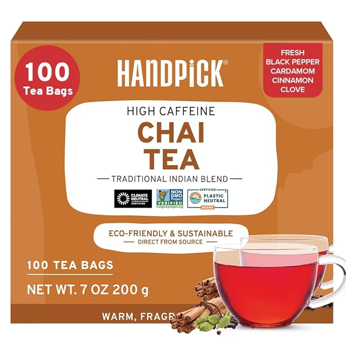 HANDPICK Masala Chai Tea Bags (100 Count) Strong Robust & Aromatic, Blended with Exotic Spices