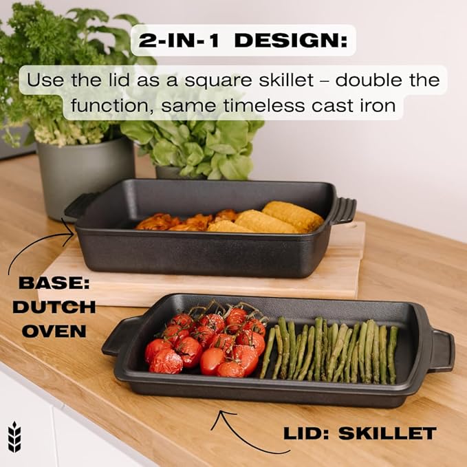 Kuha 2-in-1 Square Cast Iron Dutch Oven, 6 QT ??Skillet Lid & Casserole Dish, Pre-Seasoned 13??