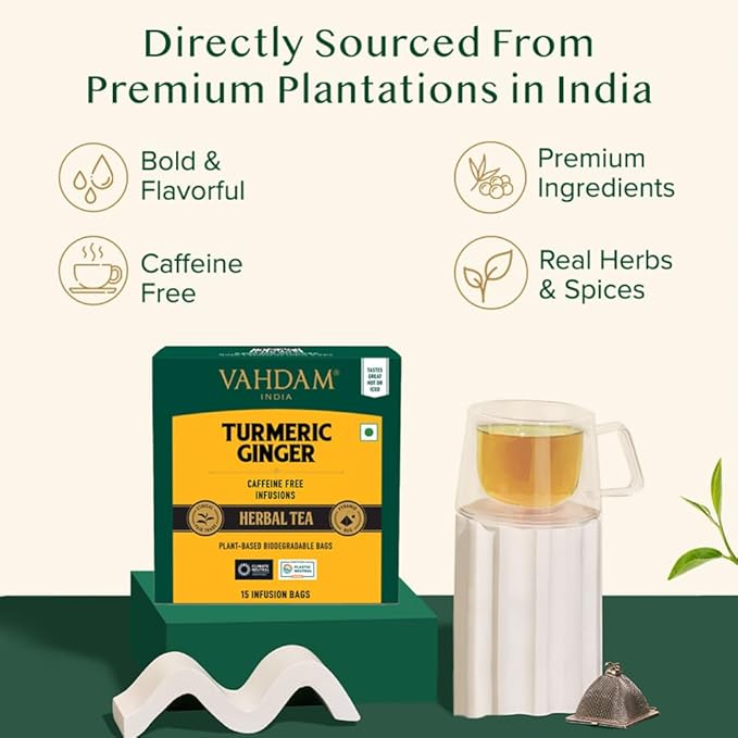 VAHDAM, Turmeric Ginger Herbal Tea Bags (15 Pyramid Tea Bags) Caffeine Free, Non GMO, Gluten Free |