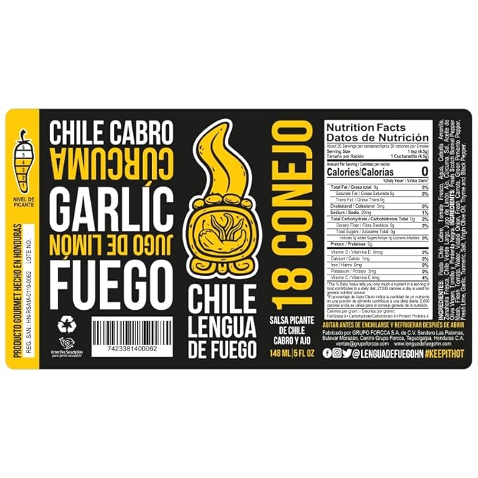 Hot Sauce | Chile Lengua de Fuego (Pack of 1, 18 Conejo) – Medium Heat Citrus & Turmeric Sauce with