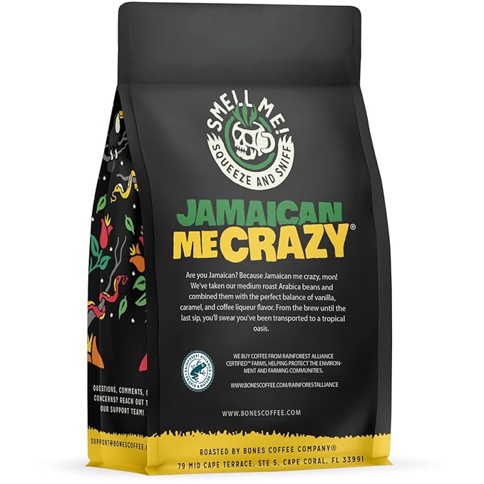 Bones Coffee Company Jamaican Me Crazy, Vanilla Caramel Flavored Coffee, Medium Roast Low Acid