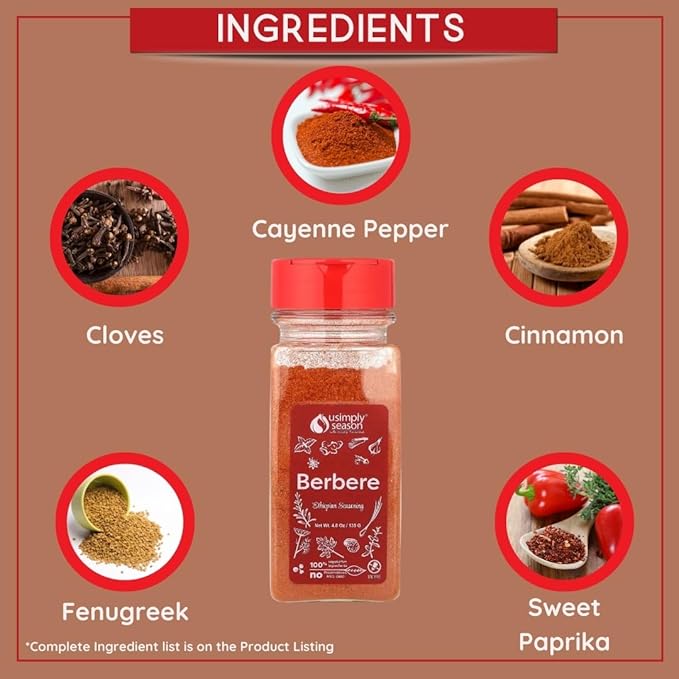 USimplySeason Berbere Spice, 4.8oz - Ethiopian Inspired Blend for Hearty Stews & Meats - Vegan