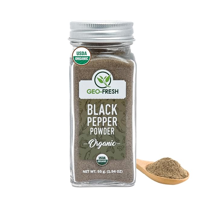 Geo-Fresh Organic Black Pepper Powder ??1.94 oz Glass Jar ??Black Pepper Ground ??USDA Certified