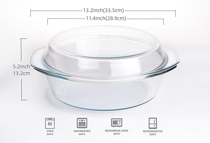 Round Tempered Glass Casserole Dish with Lid, Glass Casserole Baking Dish. Oven Freezer and