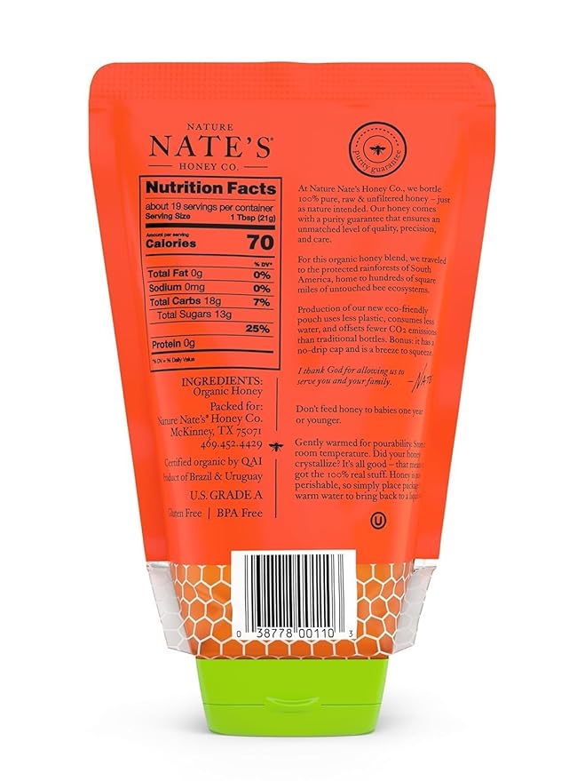 Nature Nate's 100% Pure USDA Organic Raw & Unfiltered Honey, Two 14 oz. No-Drip Sustainable Squeeze