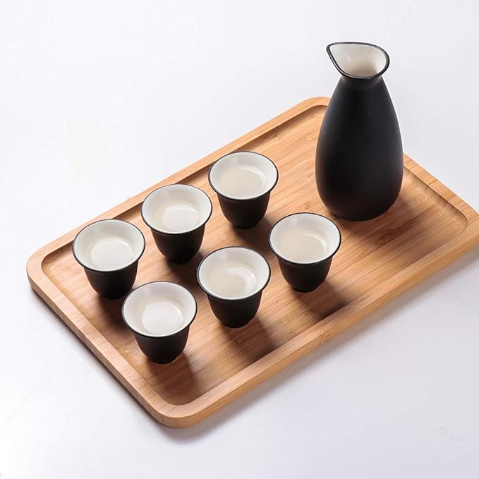 Bgbg Ceramic Sake Set with Warmer Pot Bamboo Tray-Traditional Japanese Pottery Hot Saki Set