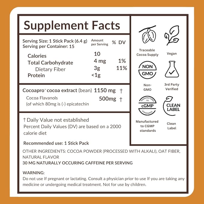 CocoaVia Cardio Health Cocoa Powder, 15 Single Serve Sticks, 500mg Cocoa Flavanols, Support Heart