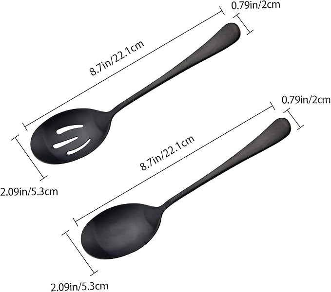 Serving Spoons Set, Black Stainless Steel, 8.7 Inch, Slotted and Solid Serving Utensils for Party