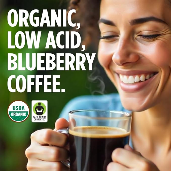 VitaCup Perfect Blueberry Flavored Low Acid Coffee Pods, Organic, Fair Trade, Dark Roast Single