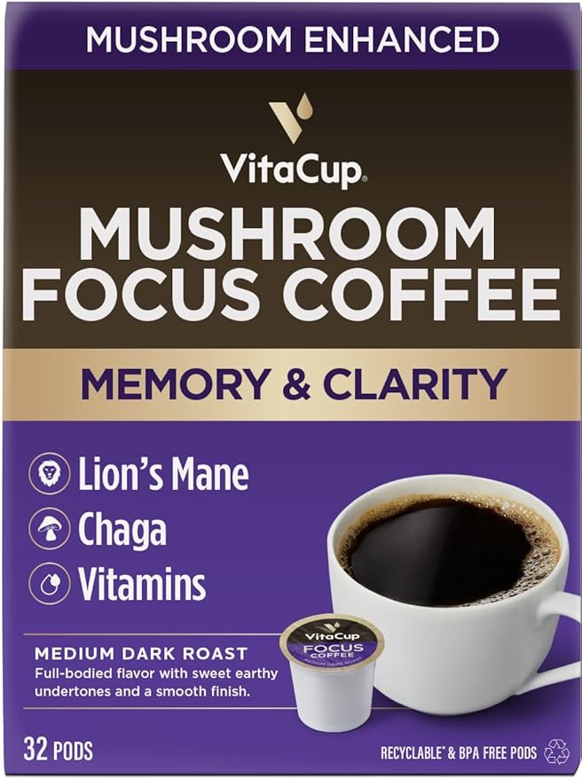 VitaCup Focus Mushroom Coffee Pods, Boost Focus & Immunity w/Lions Mane, Chaga, B Vitamins, D3 for