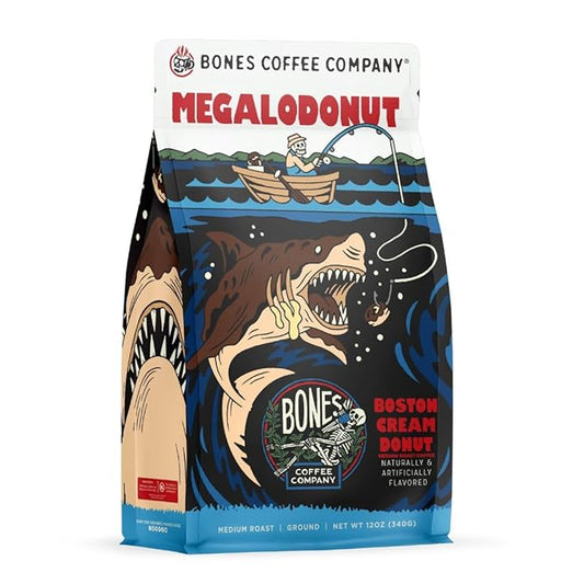 Bones Coffee Company Megalodonut, Boston Cream Donut Flavored Coffee, Medium Roast Low Acid Arabica