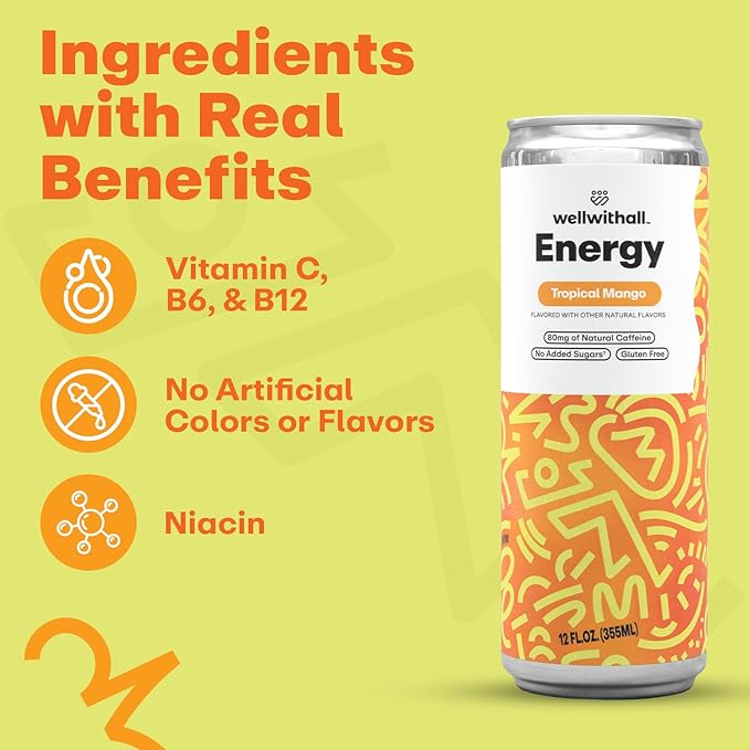 WellWithAll Tropical Mango Energy Drink ??Caffeine from Tea ??With Vitamin C ??Lightly Sparkling