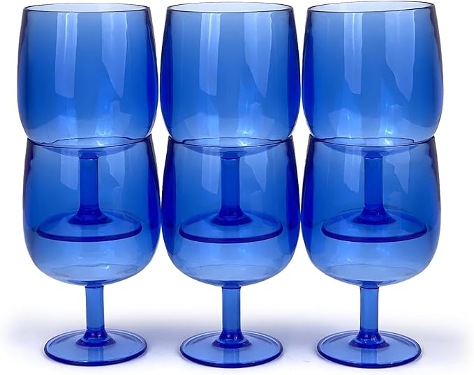 Yalin Set of 6 Unbreakable 12 oz Acrylic Plastic Wine and Water Tumbler Stackable Goblets. (Blue
