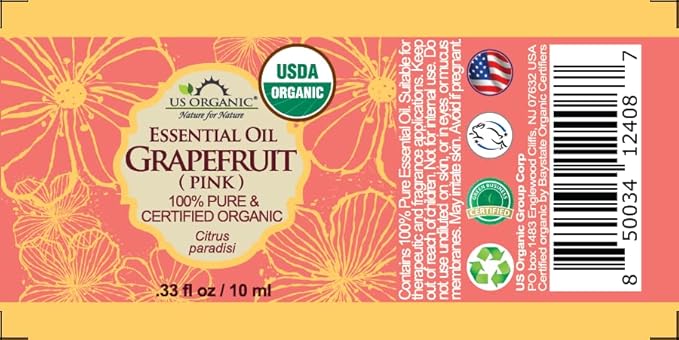 US Organic Grapefruit Pink Essential Oil, USDA Certified Organic, Cold Pressed, 100% Pure, for