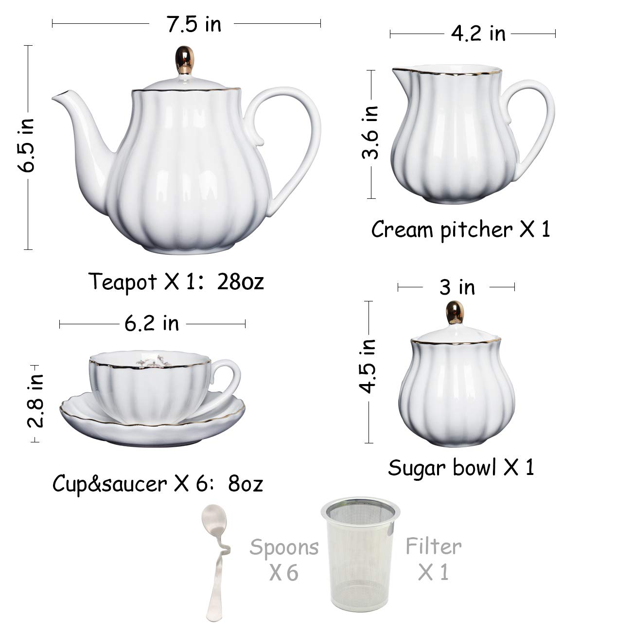 Porcelain Tea Sets British Royal Series, 8 OZ Cups& Saucer Service for 6, with Teapot Sugar Bowl