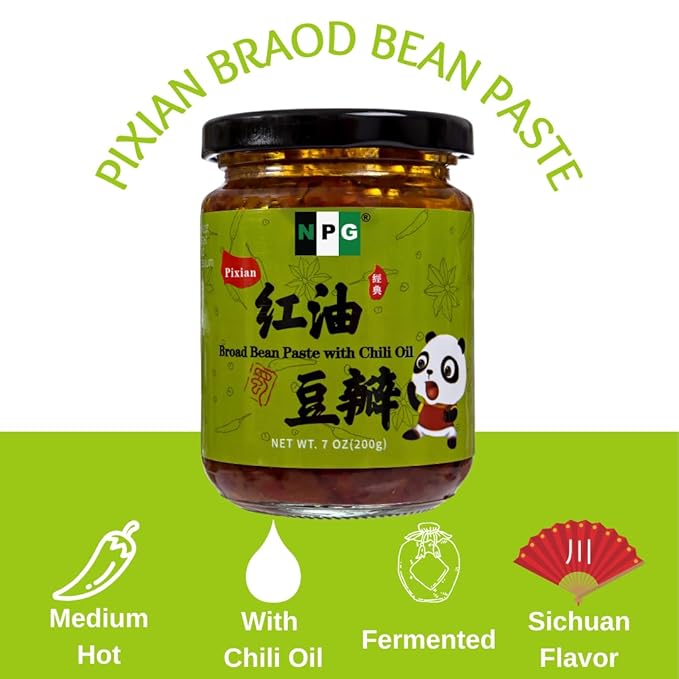 NPG Premium Sichuan Pixian Broad Bean Chili Paste with Red Chili Oil 7 Oz, Salty Fermented Hongyou