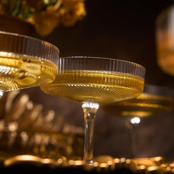 Khen Crystal Glass Ribbed Vintage Art Deco Coupe - 8oz. Set of 12 Crystal Glasses - Weddings &