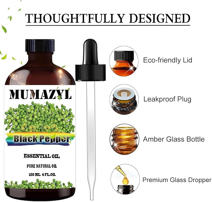 Black Pepper Essential Oil, Black Pepper Oil 4 Fl Oz 120ML for Diffuser Humidifier Yoga Cleaning
