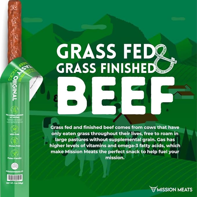 Mission Meats Beef Sticks – 100% Grass Fed & Pasture Raised, Zero Sugar, Gluten Free, Individually