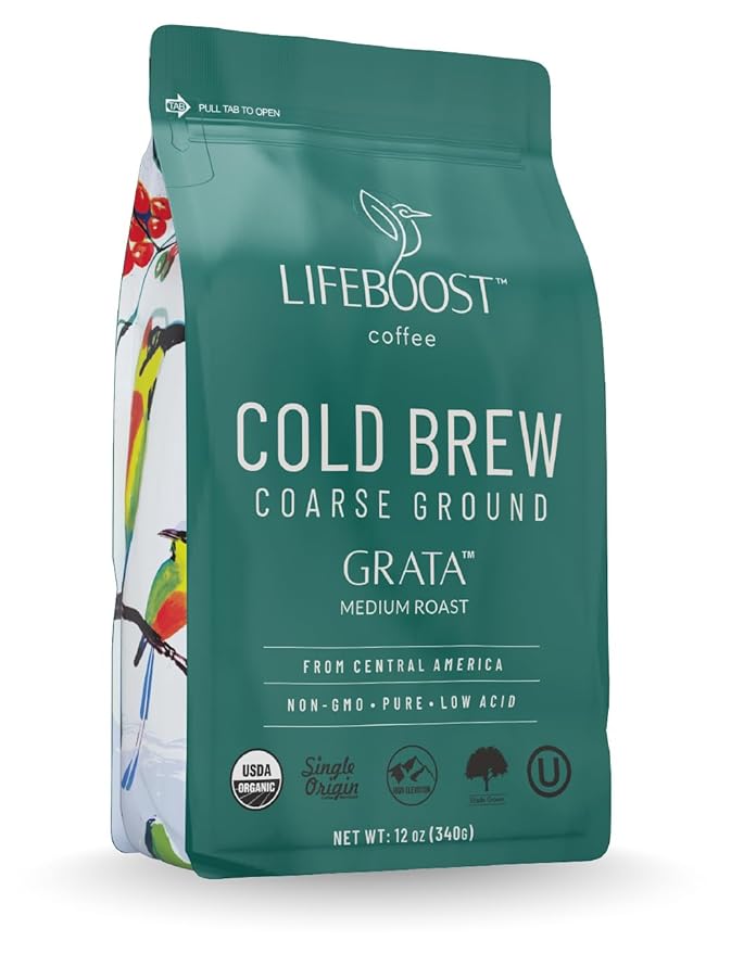 Lifeboost Low Acid Cold Brew Coffee – Organic Coarse Ground Medium Roast for Cold Brew – Single