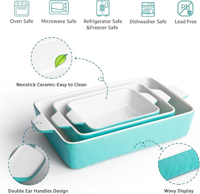Casserole Dishes for Oven, Ceramic Baking Dishes, Lasagna Pan with Handles, Porcelain Baking Pan