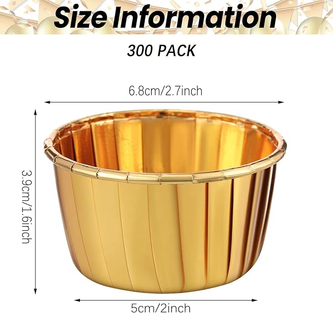 300 Pack Gold Cupcake Liners Bulk Disposable Foil Muffin Cups 3.5 oz Wrappers for Baking Aluminum