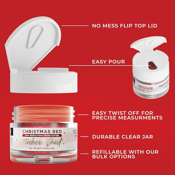 Bakell - Christmas Red Tinker Dust (5g, 1x Jar) Edible Glitter for Food, Desserts, and Beverages!