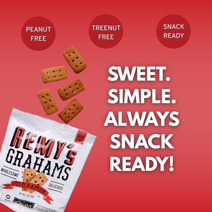 Safe + Fair Remy's Cinnamon Grahams 24ct - Wholesome Healthy Snacks - Bite-Sized Whole Grain Treats