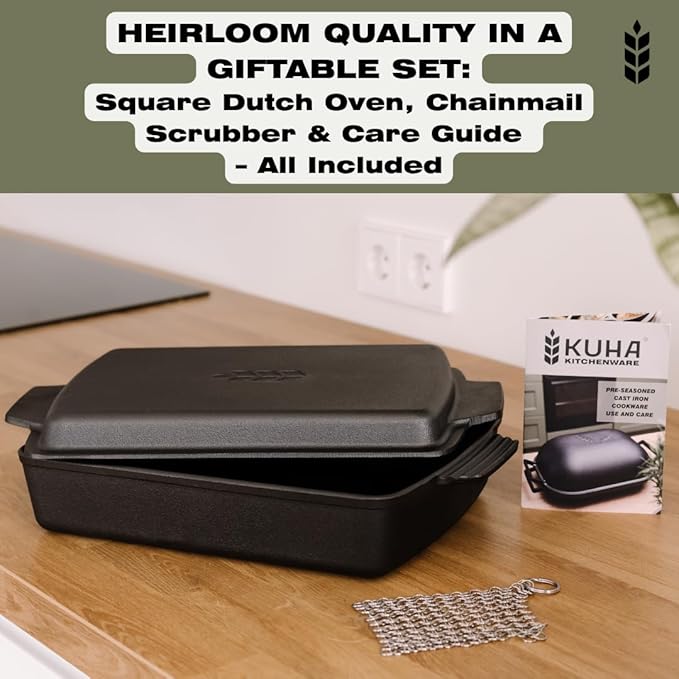 Kuha 2-in-1 Square Cast Iron Dutch Oven, 6 QT ??Skillet Lid & Casserole Dish, Pre-Seasoned 13??
